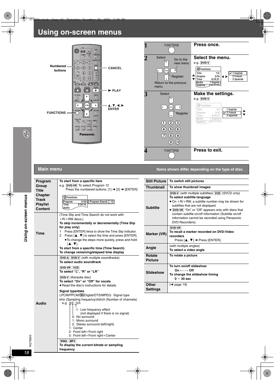 Using on-screen menus, Press once, Select the menu | Make the settings, Press to exit, Main menu | Panasonic SC-HT440 User Manual | Page 18 / 36