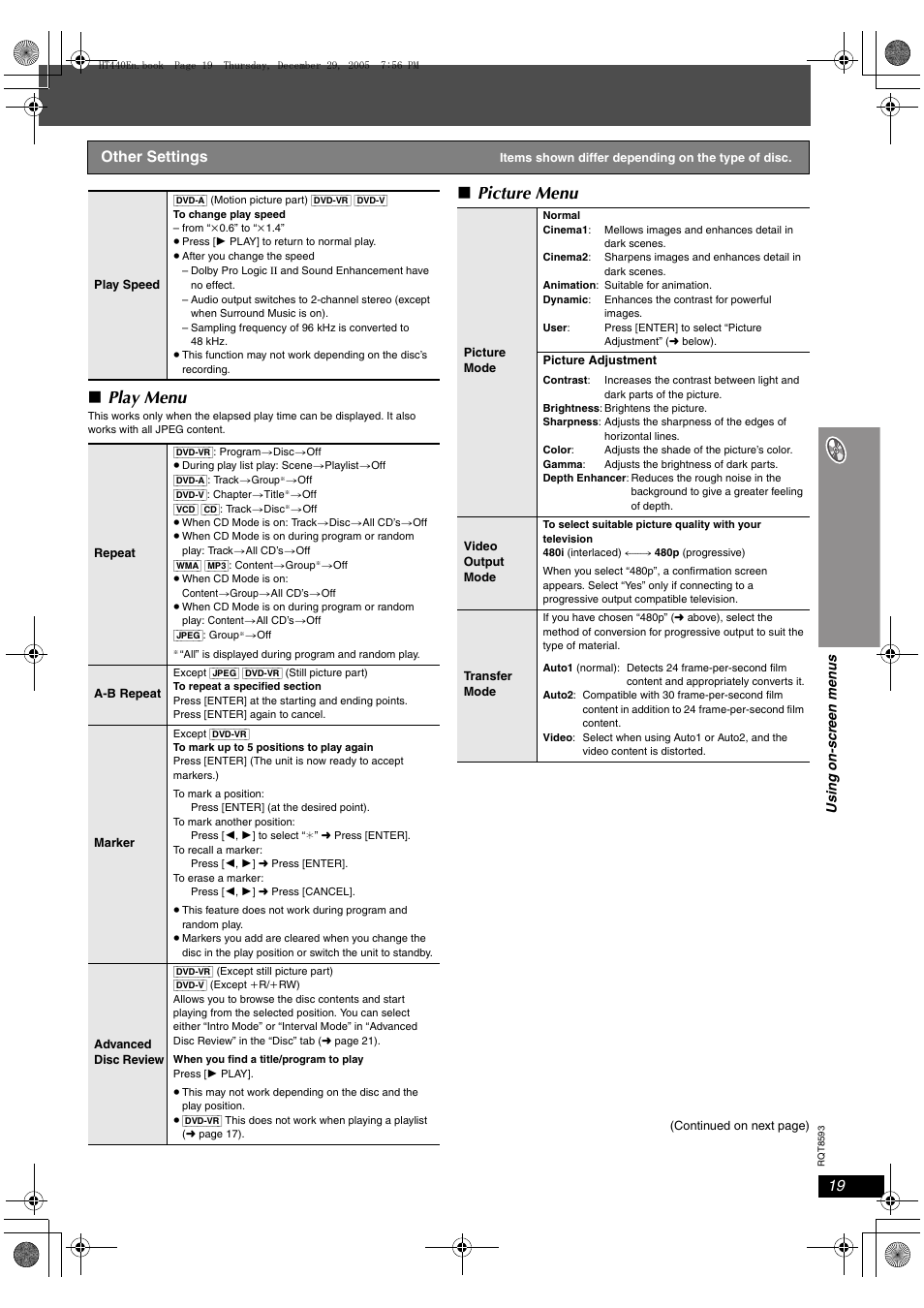 Play menu, Picture menu, Other settings | Panasonic SC-HT440 User Manual | Page 19 / 36