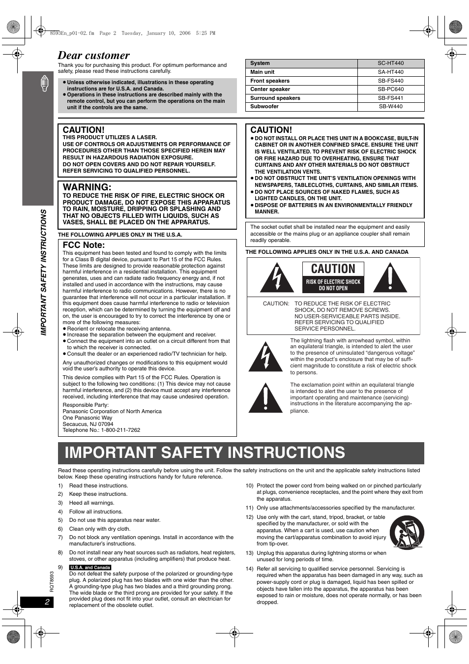 Getting started, Important safety instructions, Dear customer | Warning, Caution | Panasonic SC-HT440 User Manual | Page 2 / 36