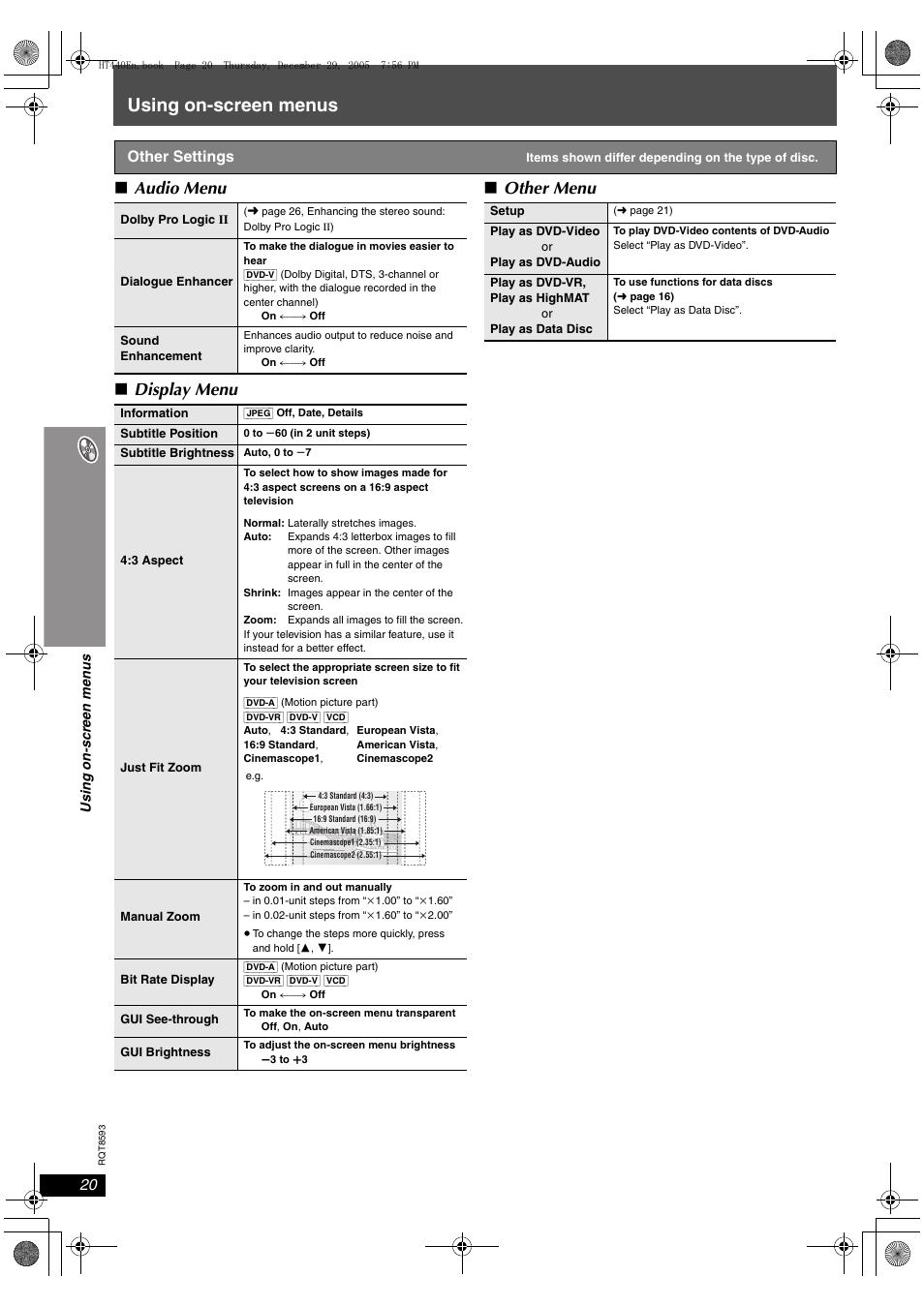 Using on-screen menus, Audio menu ∫ display menu ∫ other menu | Panasonic SC-HT440 User Manual | Page 20 / 36