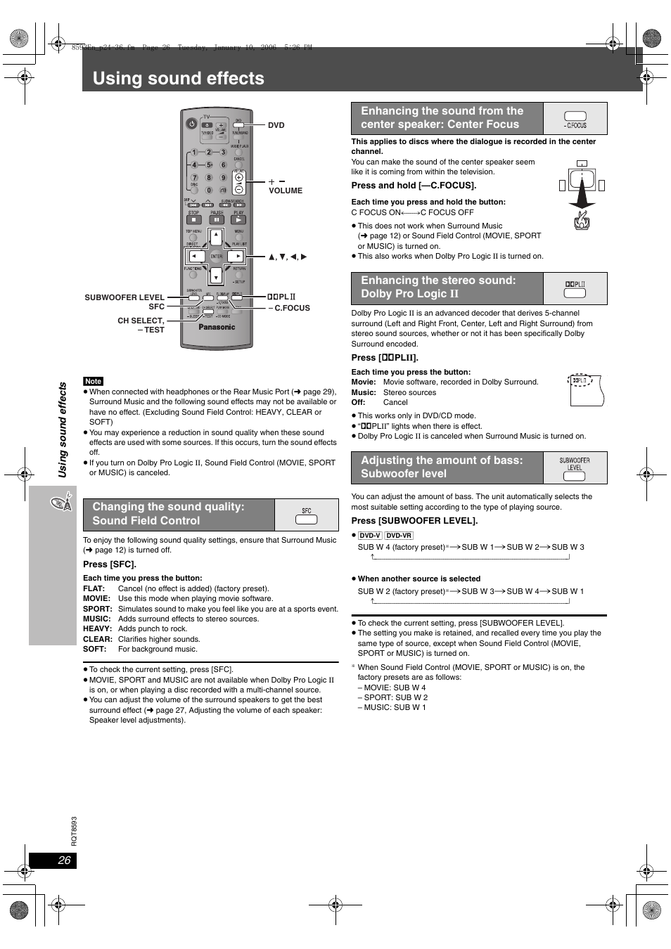 Using sound effects, Changing the sound quality: sound field control | Panasonic SC-HT440 User Manual | Page 26 / 36