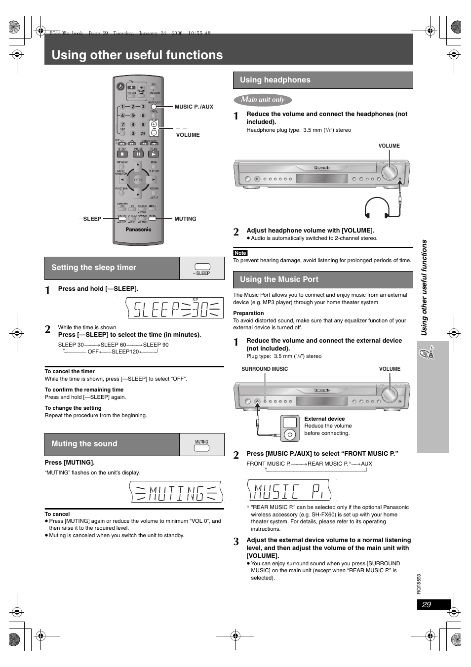 Using other useful functions, Setting the sleep timer, Muting the sound | Using headphones, Using the music port | Panasonic SC-HT440 User Manual | Page 29 / 36