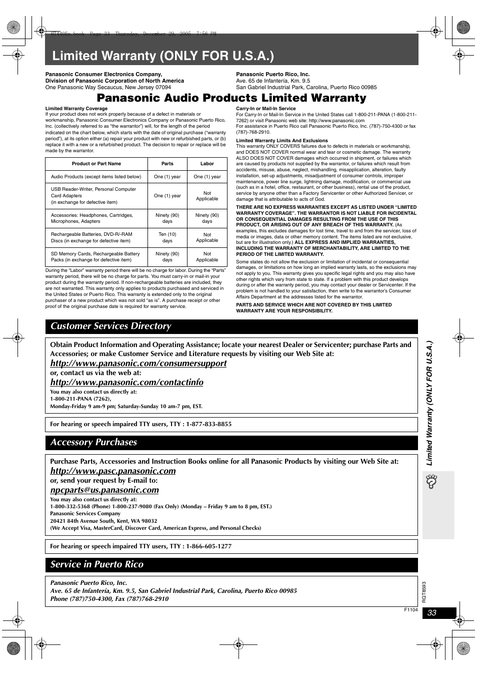 Limited warranty (only for u.s.a.), Panasonic audio products limited warranty, Customer services directory | Accessory purchases, Service in puerto rico | Panasonic SC-HT440 User Manual | Page 33 / 36