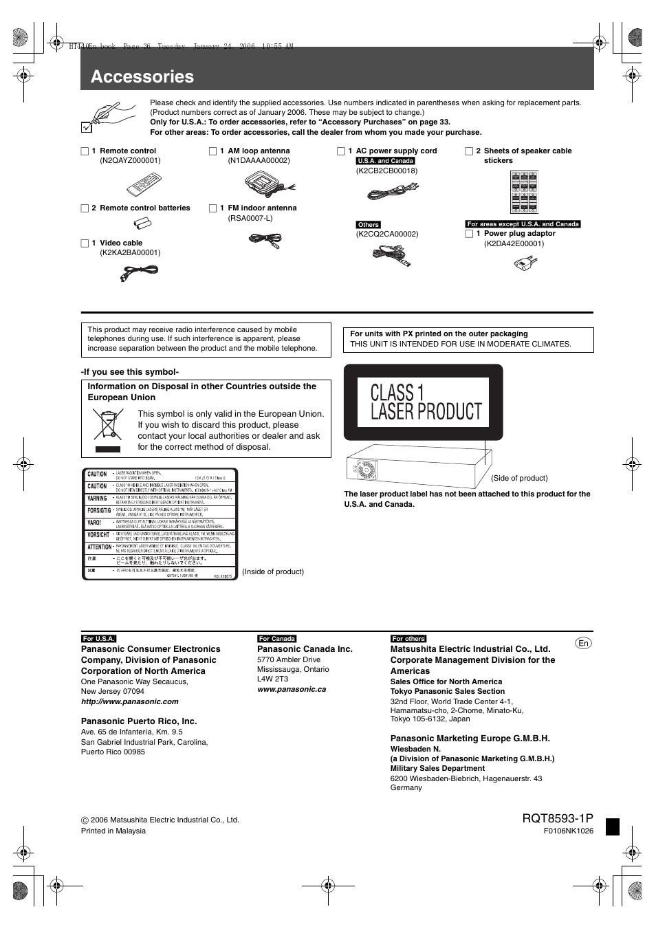 Accessories, Panasonic puerto rico, inc, Panasonic canada inc | Panasonic marketing europe g.m.b.h, If you see this symbol | Panasonic SC-HT440 User Manual | Page 36 / 36
