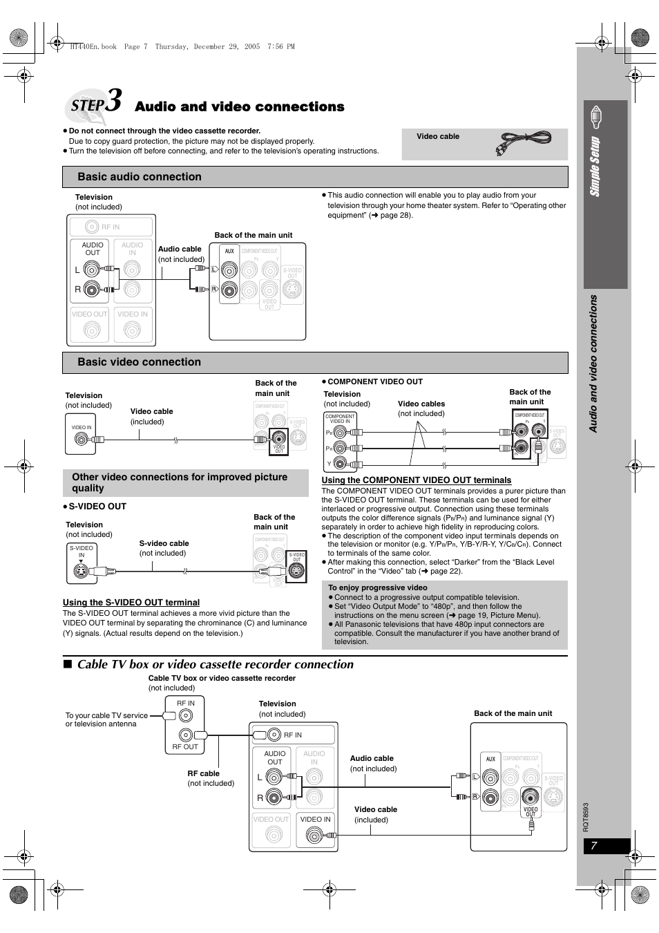 Step 3 audio and video connections, Step, Audio and video connections | Cable tv box or video cassette recorder connection, Si mp le s etu p, Basic audio connection, Basic video connection, Au d io and video con n ect ion s | Panasonic SC-HT440 User Manual | Page 7 / 36