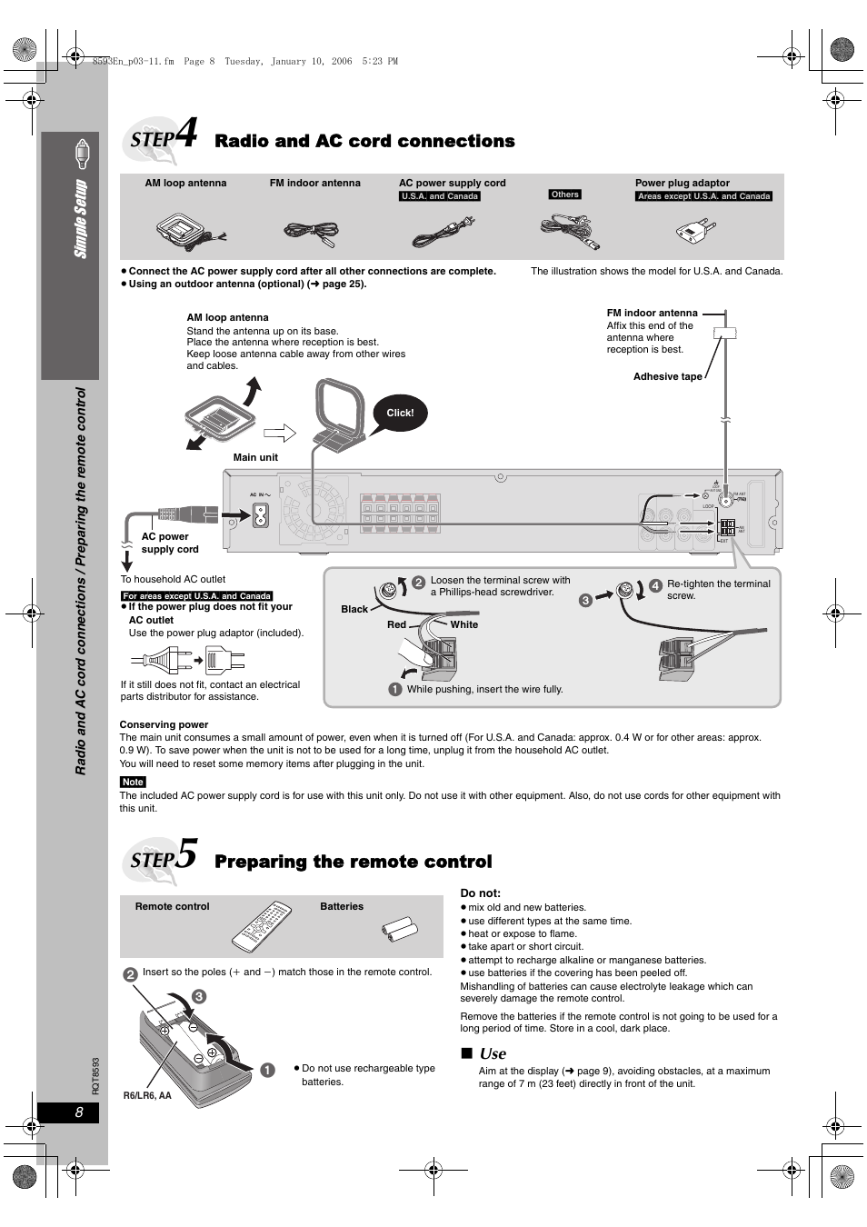 Step 4 radio and ac cord connections, Step 5 preparing the remote control, Step | Radio and ac cord connections, Preparing the remote control | Panasonic SC-HT440 User Manual | Page 8 / 36