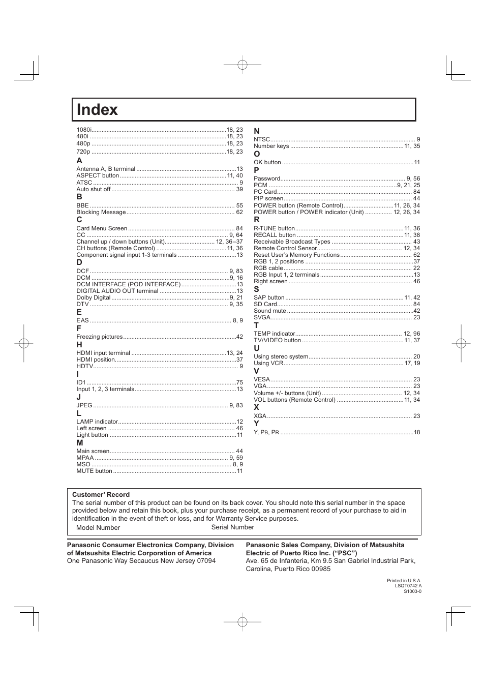 Index | Panasonic PT 60LCX63 User Manual | Page 108 / 108