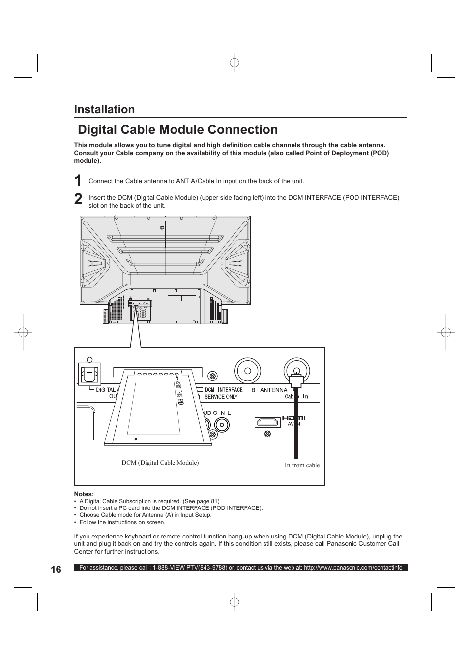 Digital cable module connection, Installation | Panasonic PT 60LCX63 User Manual | Page 16 / 108