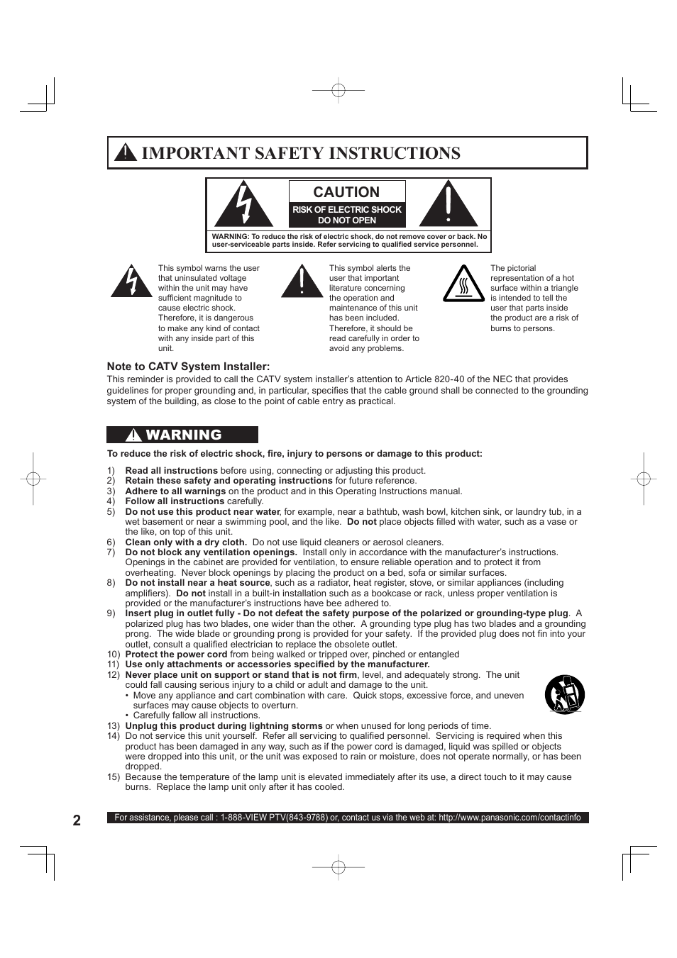 Getting started, Important safety instructions, Caution | Warning | Panasonic PT 60LCX63 User Manual | Page 2 / 108