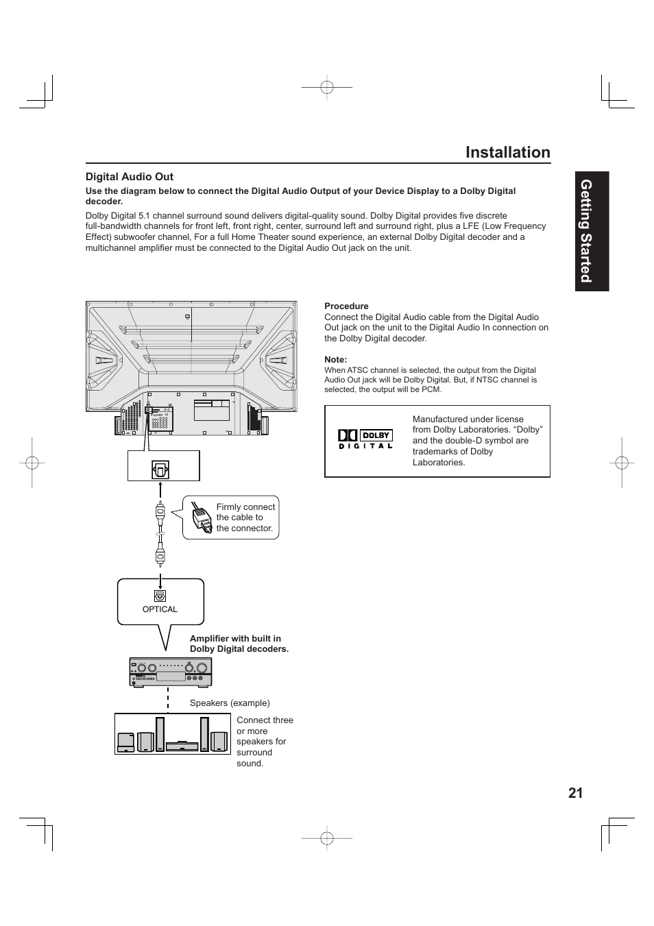 Installation, 21 getting start ed | Panasonic PT 60LCX63 User Manual | Page 21 / 108