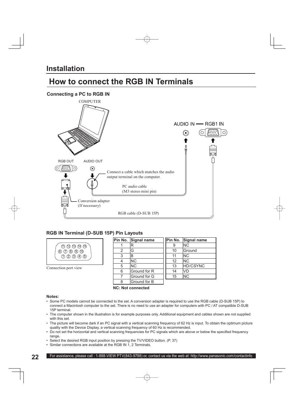 How to connect the rgb in terminals, Installation | Panasonic PT 60LCX63 User Manual | Page 22 / 108