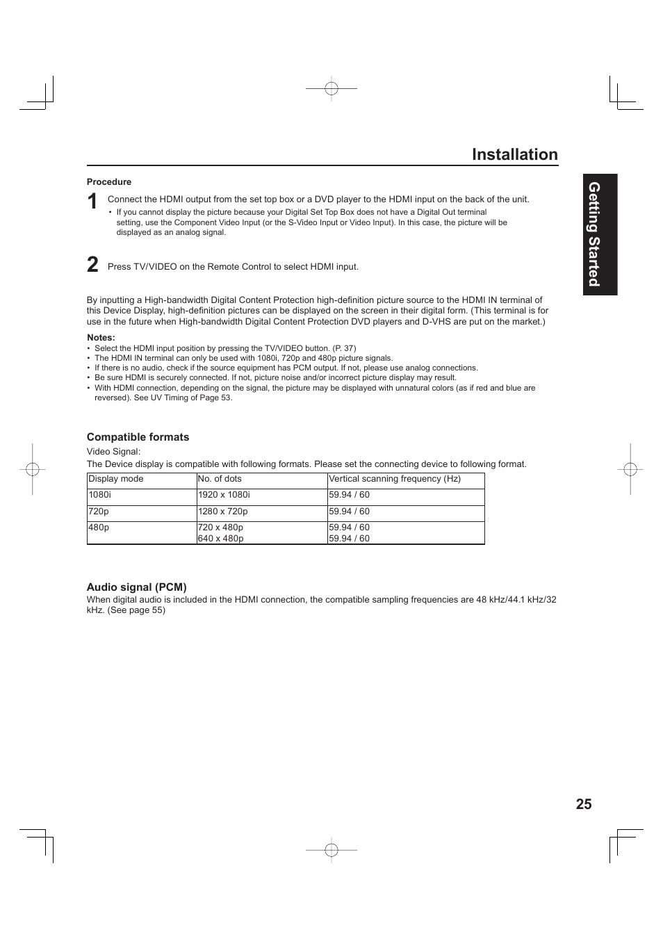 Installation, 25 getting start ed | Panasonic PT 60LCX63 User Manual | Page 25 / 108