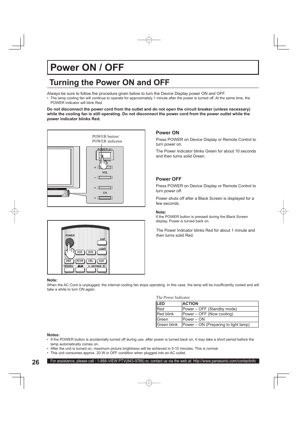 Basic operation, Power on/off, Power on / off | Turning the power on and off | Panasonic PT 60LCX63 User Manual | Page 26 / 108