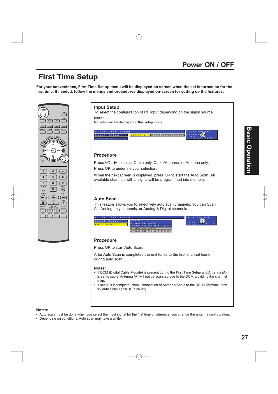 First time setup, Power on / off, 27 basic operation | Input setup, Procedure, Auto scan | Panasonic PT 60LCX63 User Manual | Page 27 / 108