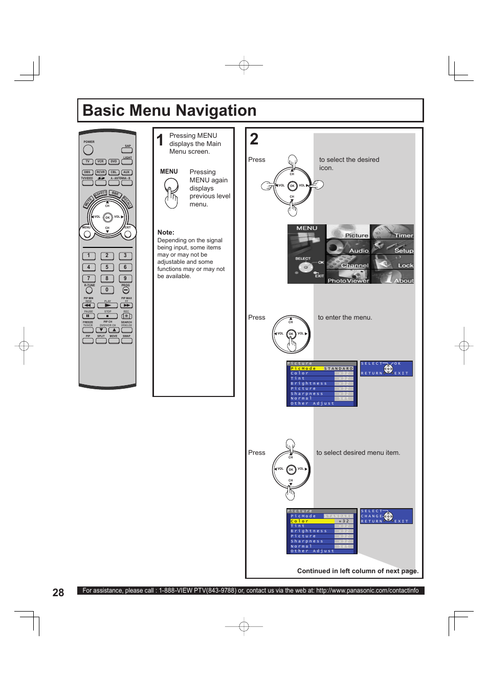 Basic menu navigation, Press to select the desired icon, Press to enter the menu | Menu | Panasonic PT 60LCX63 User Manual | Page 28 / 108