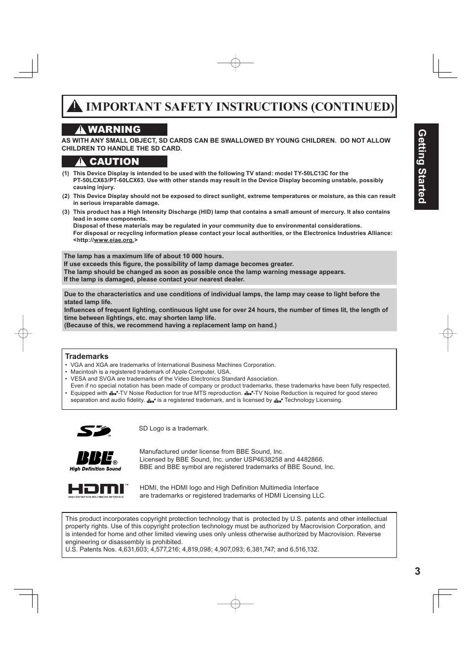 Important safety instructions (continued), 3getting start ed, Warning | Caution | Panasonic PT 60LCX63 User Manual | Page 3 / 108