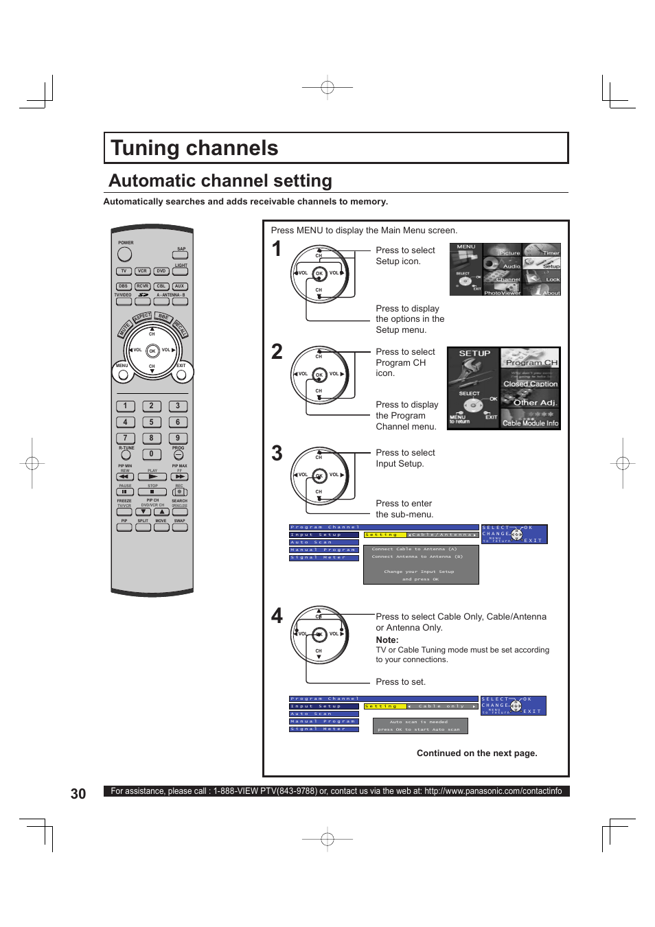 Tuning channels, Automatic channel setting | Panasonic PT 60LCX63 User Manual | Page 30 / 108