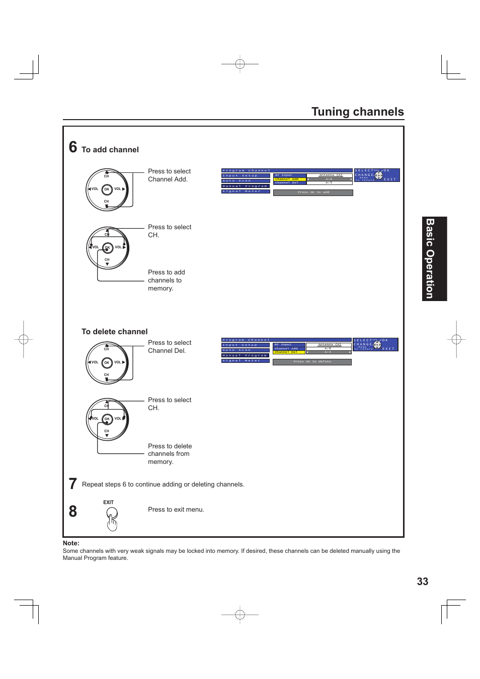 Tuning channels, 33 basic operation, Press to select channel add | Press to select channel del, Press to select ch | Panasonic PT 60LCX63 User Manual | Page 33 / 108