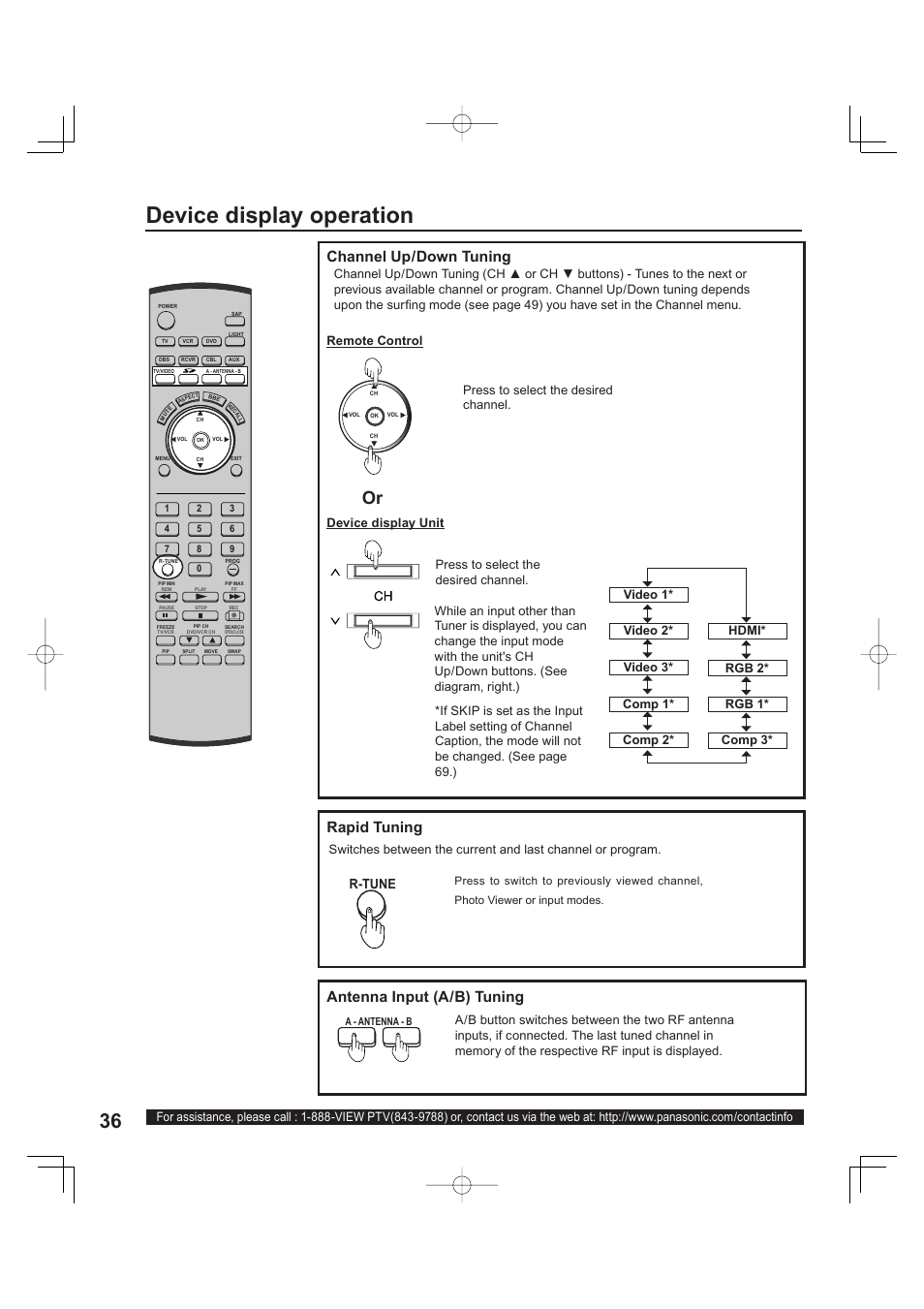 Device display operation, Rapid tuning, Antenna input (a/b) tuning | Channel up/down tuning, R-tune, Remote control device display unit | Panasonic PT 60LCX63 User Manual | Page 36 / 108