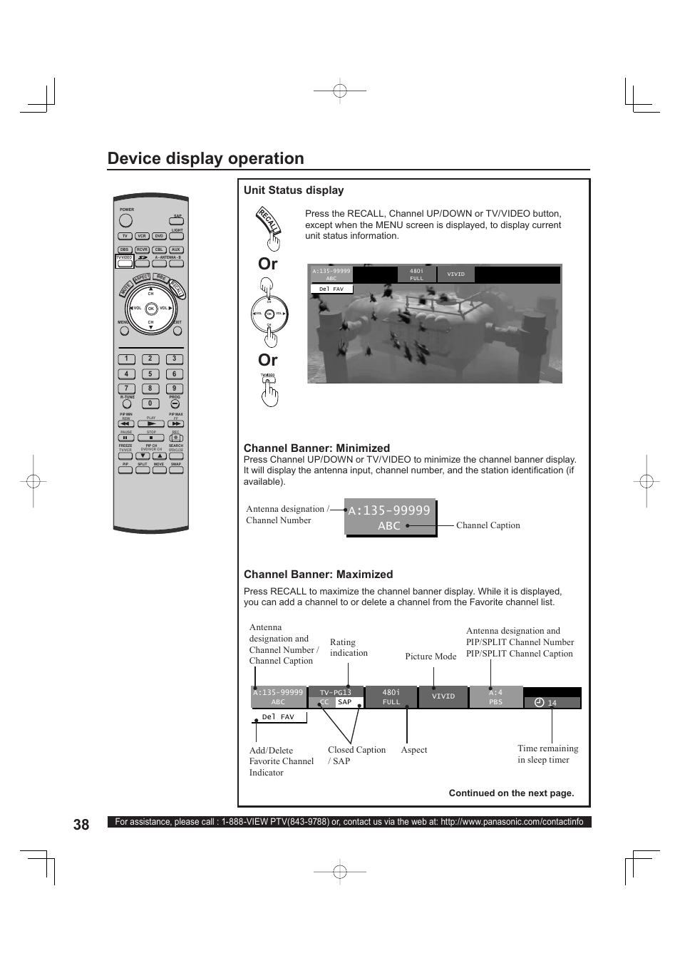 Device display operation, Unit status display channel banner: minimized, Channel banner: maximized | Continued on the next page | Panasonic PT 60LCX63 User Manual | Page 38 / 108