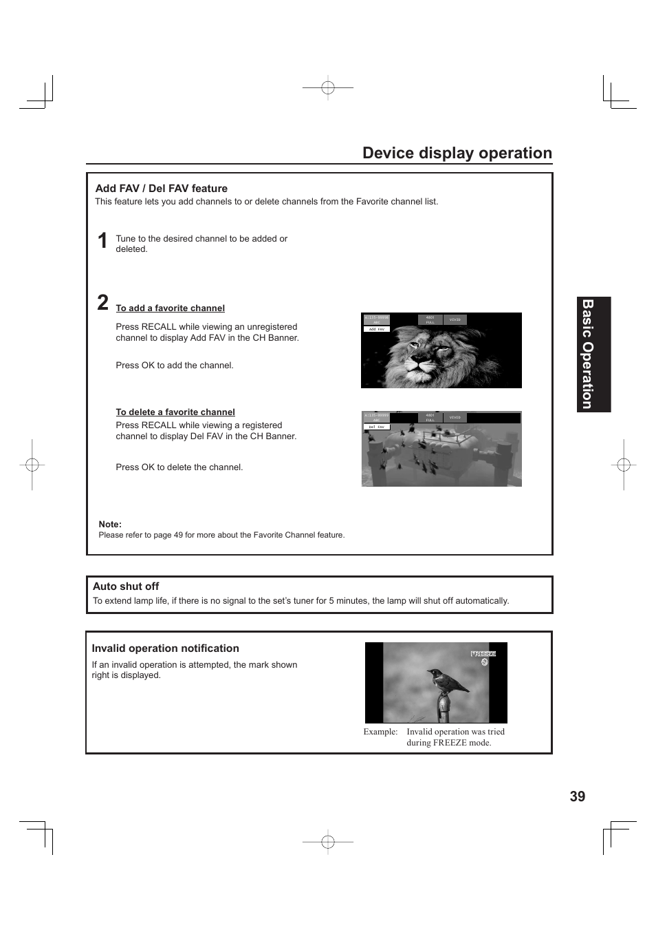 Device display operation, 39 basic operation | Panasonic PT 60LCX63 User Manual | Page 39 / 108