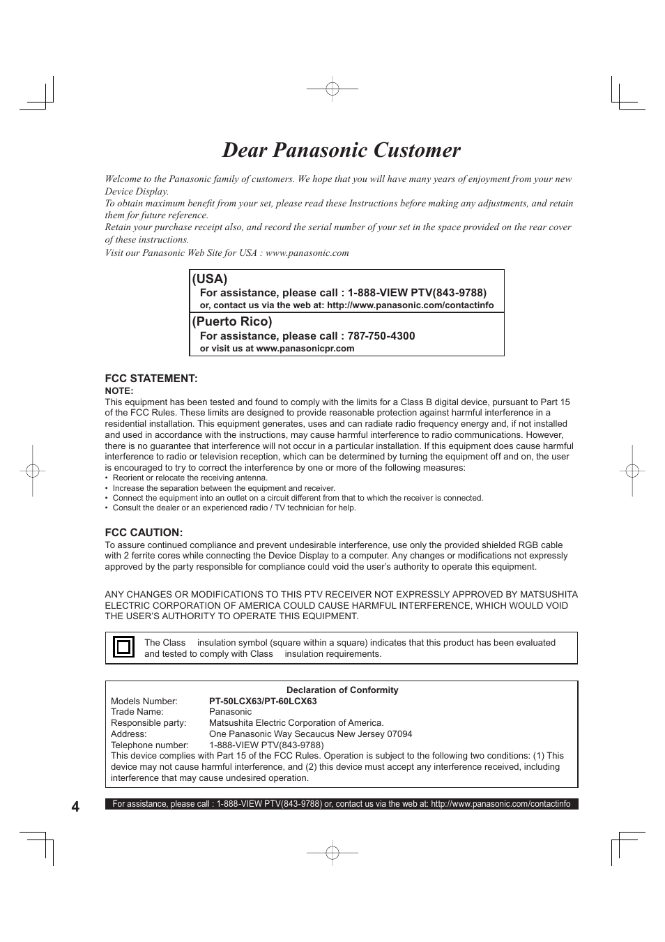 Dear panasonic customer | Panasonic PT 60LCX63 User Manual | Page 4 / 108