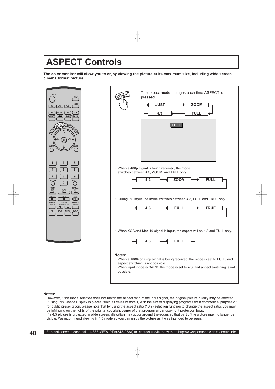 Aspect controls, Aspect con trols | Panasonic PT 60LCX63 User Manual | Page 40 / 108