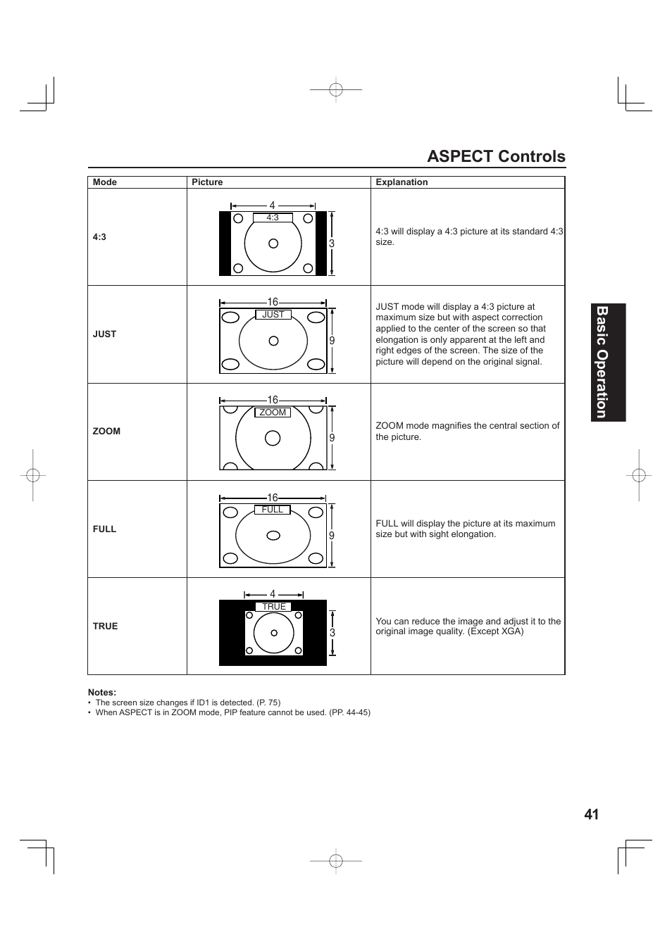 Aspect controls, 41 basic operation | Panasonic PT 60LCX63 User Manual | Page 41 / 108