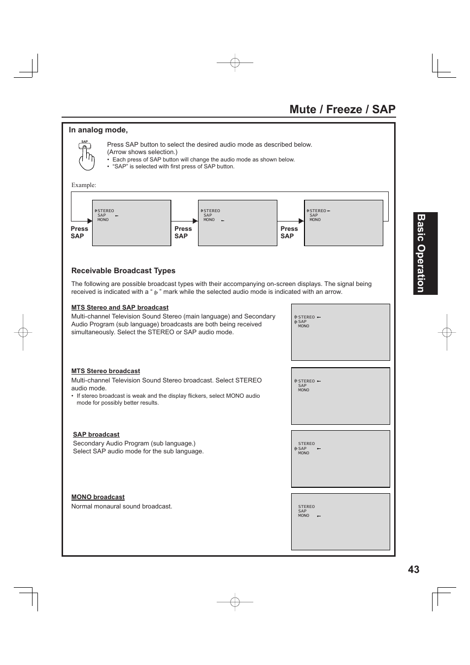 Mute / freeze / sap, 43 basic operation | Panasonic PT 60LCX63 User Manual | Page 43 / 108