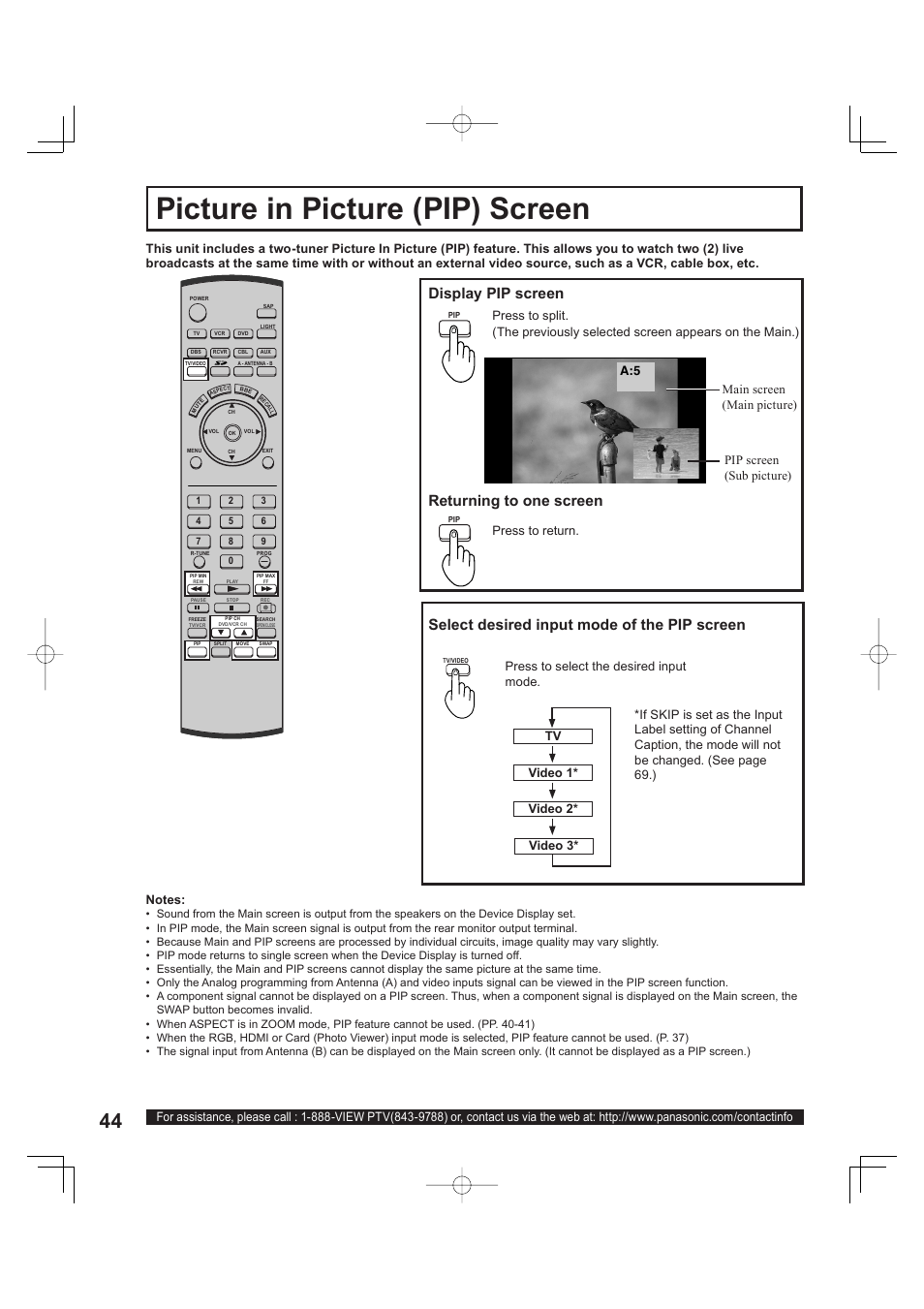 Picture in picture (pip) screen, Display pip screen, Returning to one screen | Select desired input mode of the pip screen | Panasonic PT 60LCX63 User Manual | Page 44 / 108