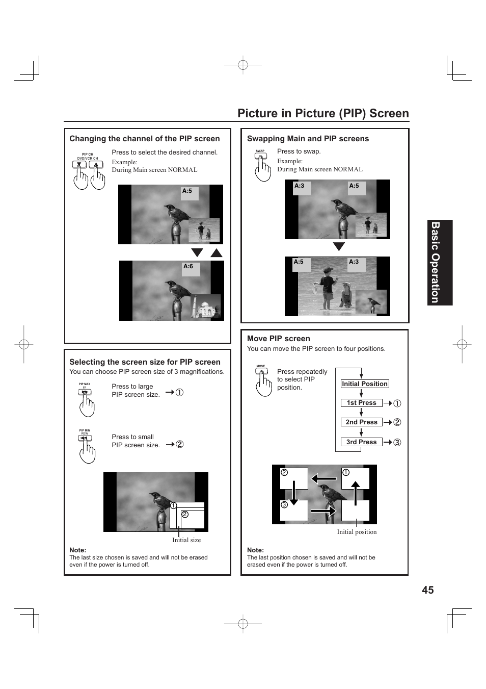 Picture in pic ture (pip) screen, 45 basic operation | Panasonic PT 60LCX63 User Manual | Page 45 / 108