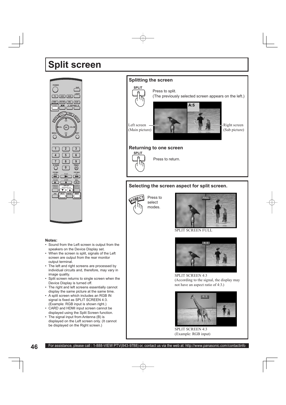 Split screen, Splitting the screen, Returning to one screen | Selecting the screen aspect for split screen, Press to return, Press to select modes | Panasonic PT 60LCX63 User Manual | Page 46 / 108