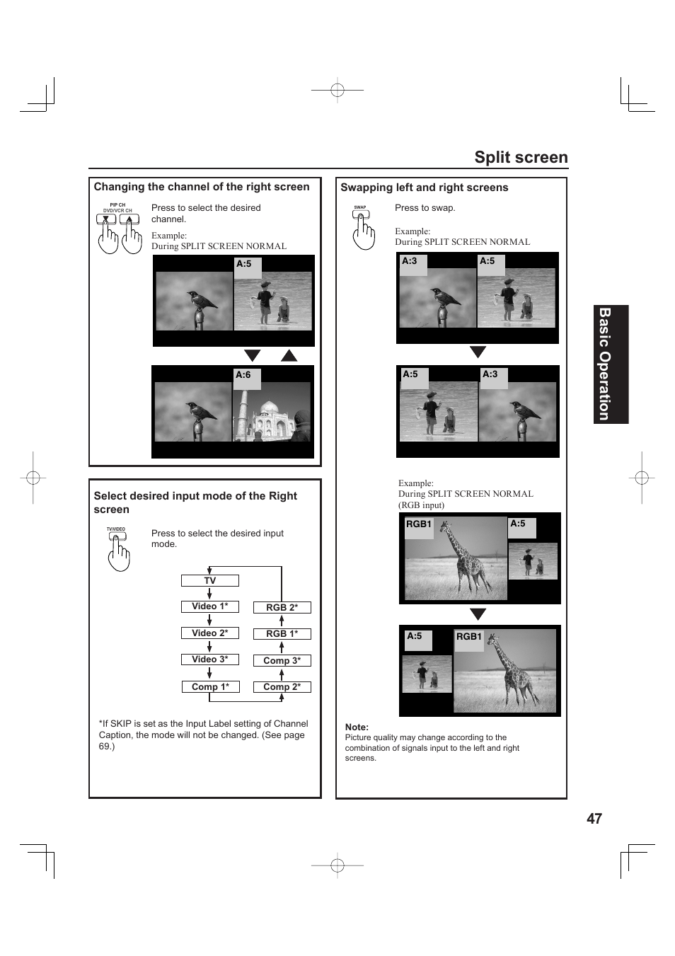 Split screen, 47 basic operation | Panasonic PT 60LCX63 User Manual | Page 47 / 108