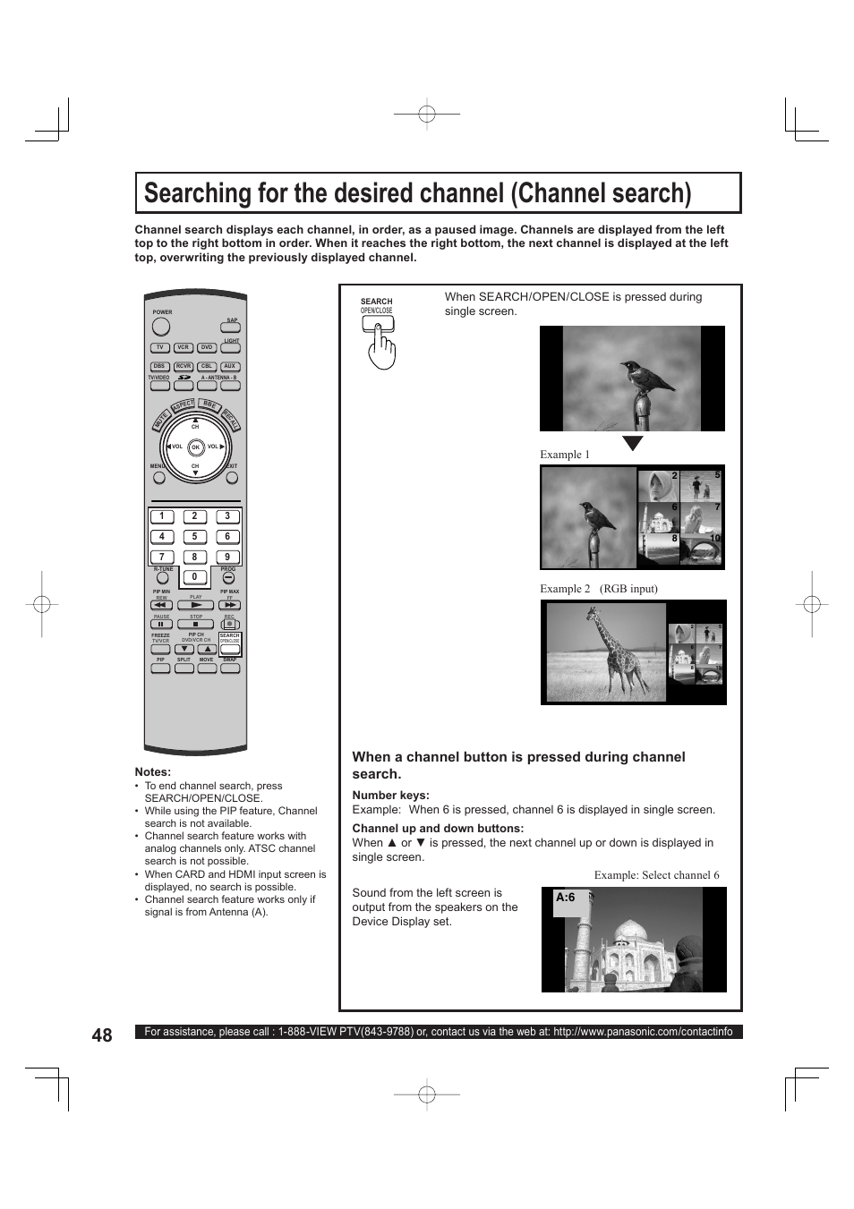 Searching for the desired channel (channel search), A:6 example: select channel 6 | Panasonic PT 60LCX63 User Manual | Page 48 / 108