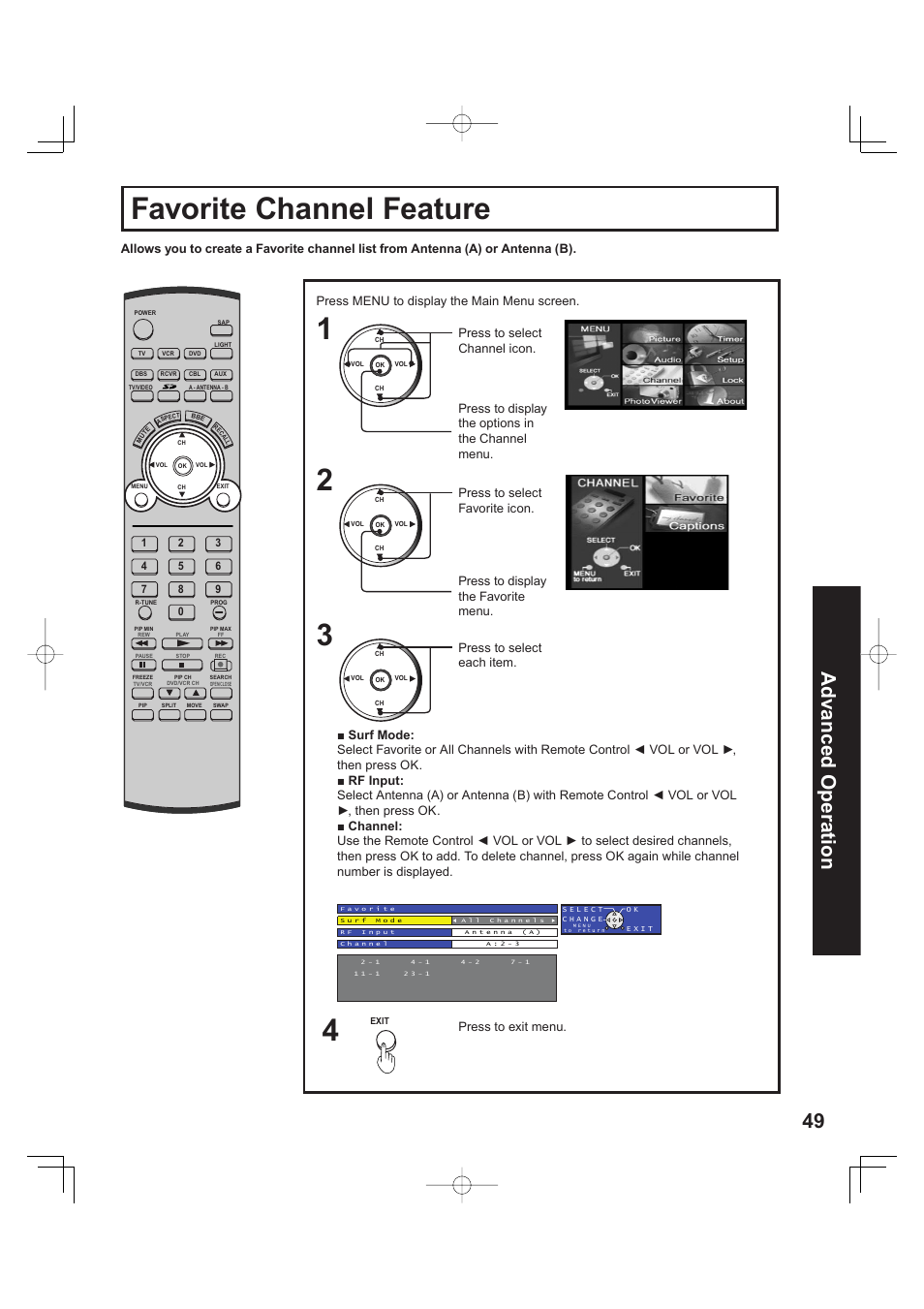 Advanced operation, Favorite channel feature, 49 advanced op er a tion | Press to select each item, Press to exit menu | Panasonic PT 60LCX63 User Manual | Page 49 / 108