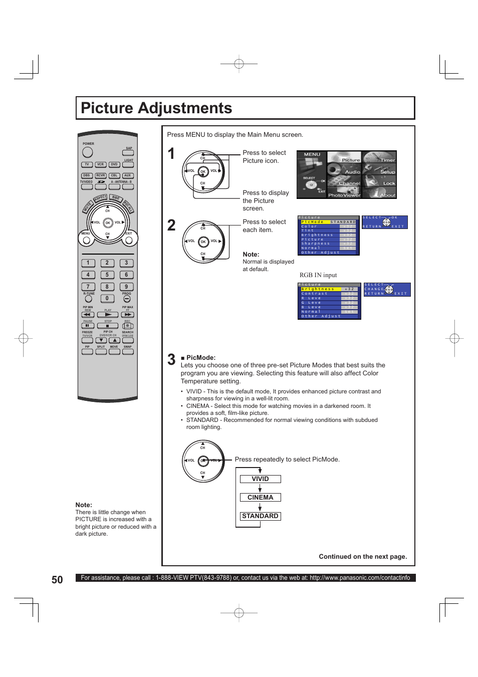 Picture adjustments, Press menu to display the main menu screen, Standard vivid rgb in input | Press re peat ed ly to select picmode, Continued on the next page | Panasonic PT 60LCX63 User Manual | Page 50 / 108