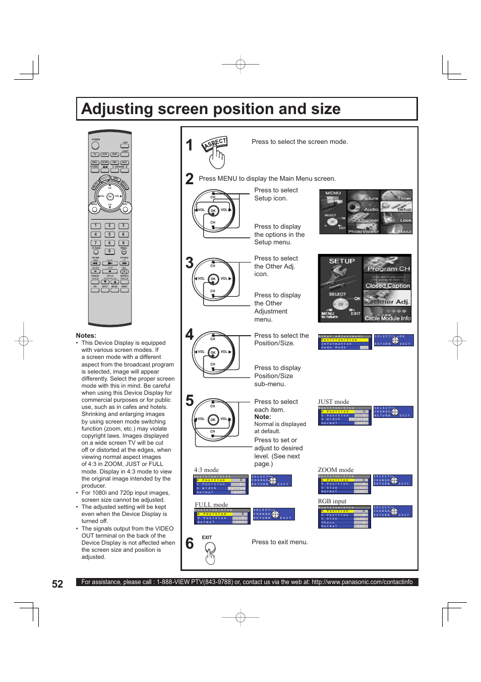 Adjusting screen position and size, Press to display position/size sub-menu, Press to select each item | Press menu to display the main menu screen, Normal is displayed at default | Panasonic PT 60LCX63 User Manual | Page 52 / 108