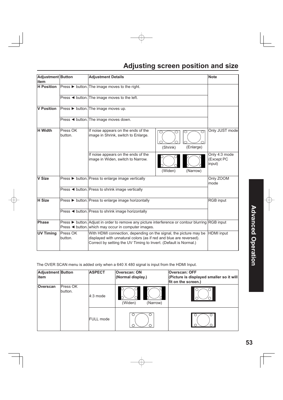 Adjusting screen position and size, 53 advanced op er a tion | Panasonic PT 60LCX63 User Manual | Page 53 / 108