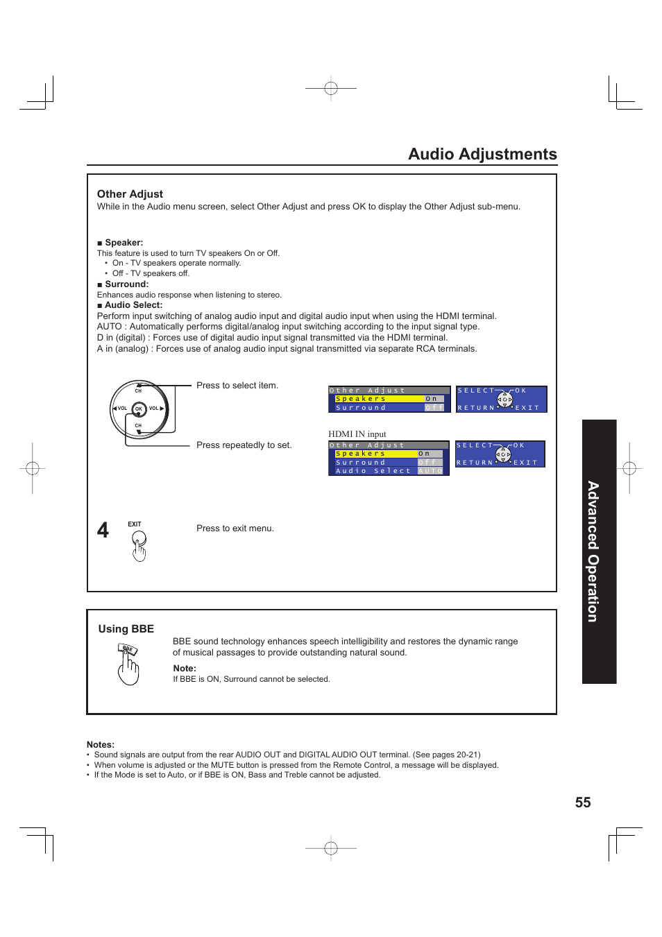 Audio adjustments, 55 advanced op er a tion | Panasonic PT 60LCX63 User Manual | Page 55 / 108