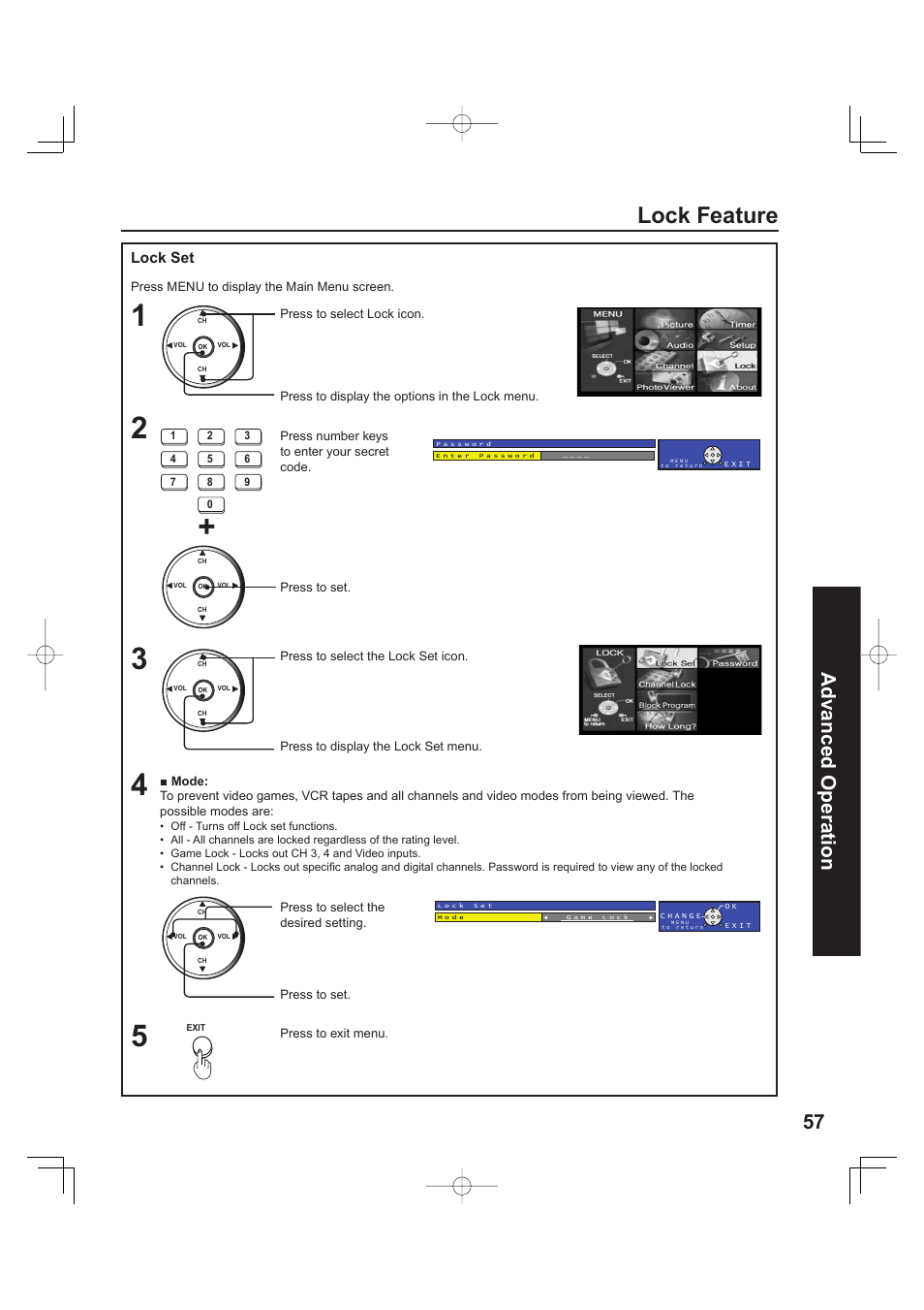 Lock feature, 57 advanced op er a tion, Lock set | Panasonic PT 60LCX63 User Manual | Page 57 / 108