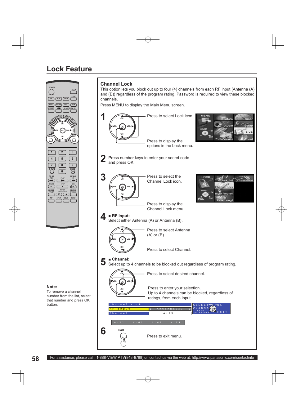 Lock feature, Channel lock, Press to display the channel lock menu | Press to select antenna (a) or (b), Press to exit menu, Press menu to display the main menu screen, Press to select channel | Panasonic PT 60LCX63 User Manual | Page 58 / 108