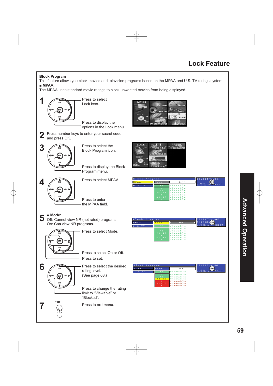 Lock feature, 59 advanced op er a tion, Press to select mpaa | Press to exit menu, Press to display the block program menu, Press to set | Panasonic PT 60LCX63 User Manual | Page 59 / 108