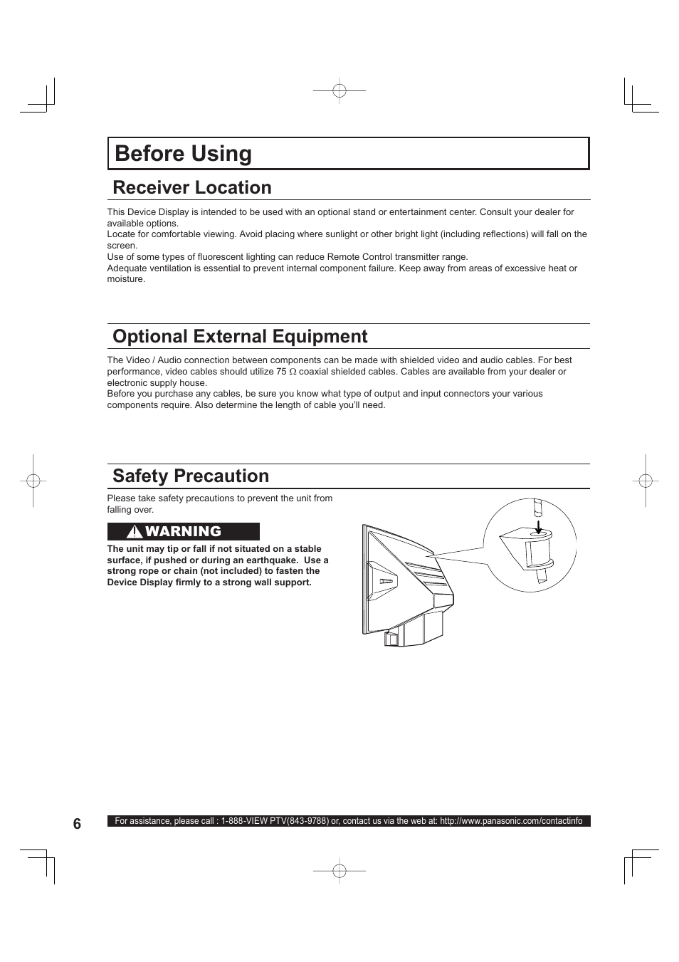 Before using, Receiver location, Optional external equipment | Safety precaution | Panasonic PT 60LCX63 User Manual | Page 6 / 108