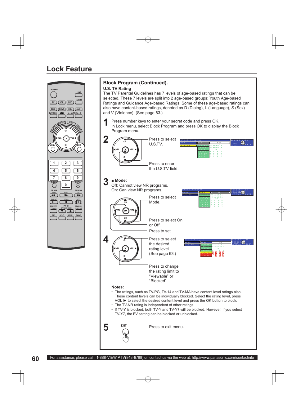 Lock feature, Block program (continued), Press to select u.s.tv | Press to enter the u.s.tv fi eld, Press to exit menu, Press to set | Panasonic PT 60LCX63 User Manual | Page 60 / 108