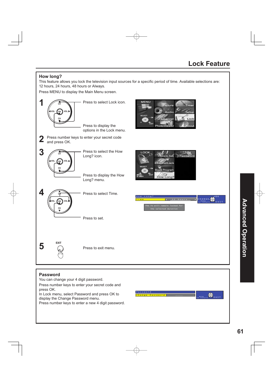 Lock feature, 61 advanced op er a tion, How long | Password | Panasonic PT 60LCX63 User Manual | Page 61 / 108