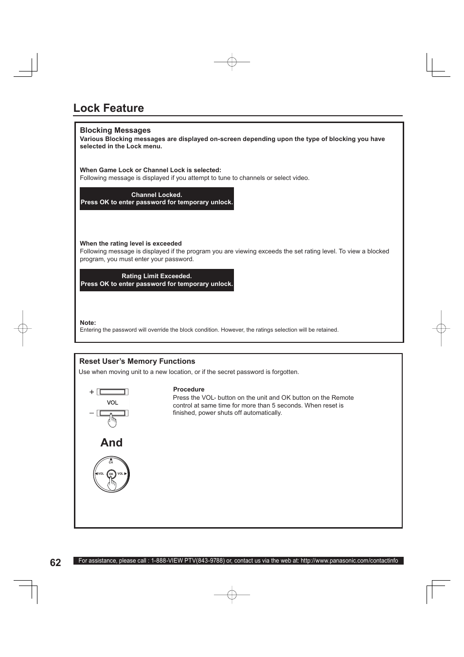 Lock feature | Panasonic PT 60LCX63 User Manual | Page 62 / 108