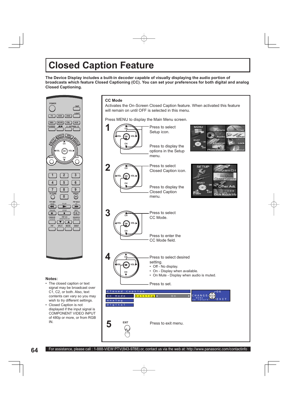 Closed caption feature | Panasonic PT 60LCX63 User Manual | Page 64 / 108