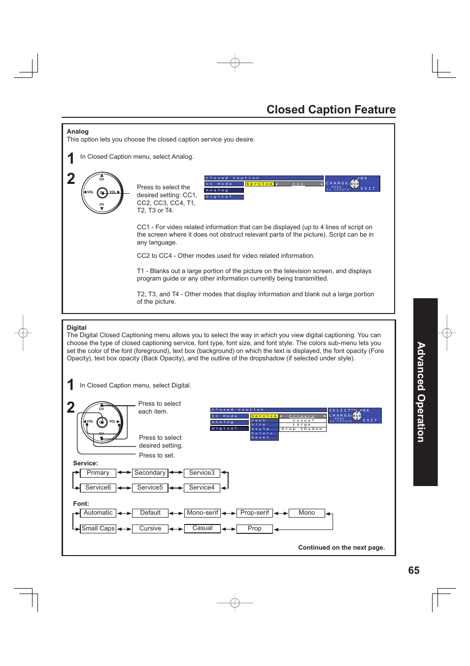 Closed caption feature, 65 advanced op er a tion | Panasonic PT 60LCX63 User Manual | Page 65 / 108