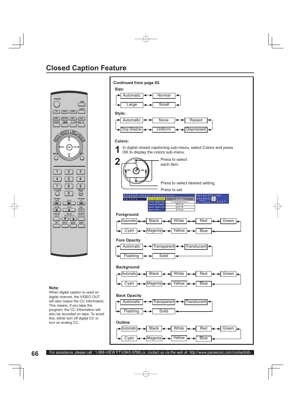 Closed caption feature | Panasonic PT 60LCX63 User Manual | Page 66 / 108