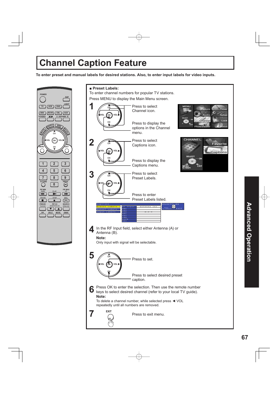 Channel caption feature, 67 advanced op er a tion, Press to set | Press to select desired preset caption, Press to select preset labels, Press to enter preset labels listed, Press to exit menu | Panasonic PT 60LCX63 User Manual | Page 67 / 108